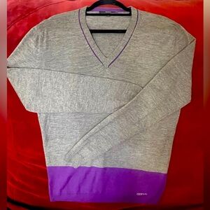 GUCCI Men’s XXXL v-neck sweater.  Wool, silk blend.  Grey body w purple accents.